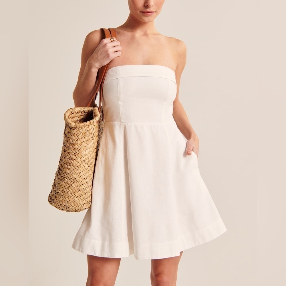 Abercrombie strapless linen mini dress lined fit & flare white bride graduation